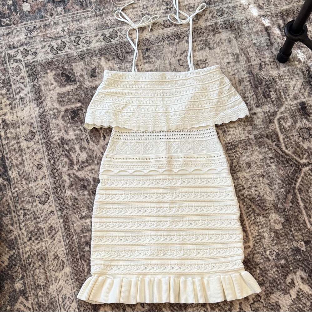 Ruffle Yoke Pointelle Short Dress (cream sweater knit body-con)